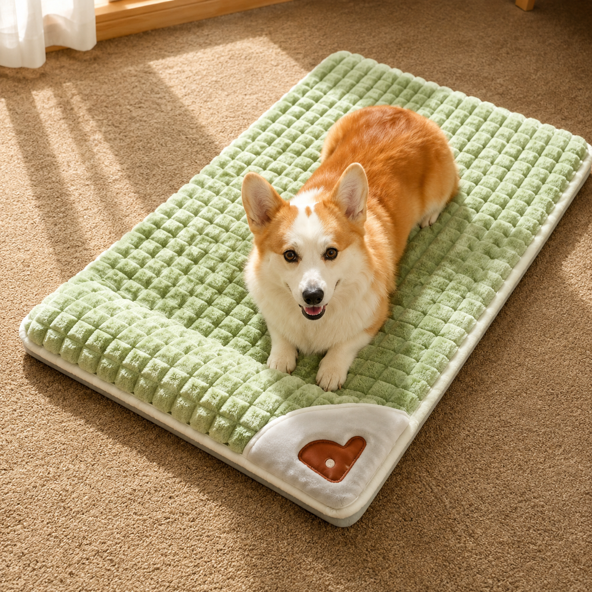 Perro corgi sentado de frente sobre la cama ortopédica ComfyPaw