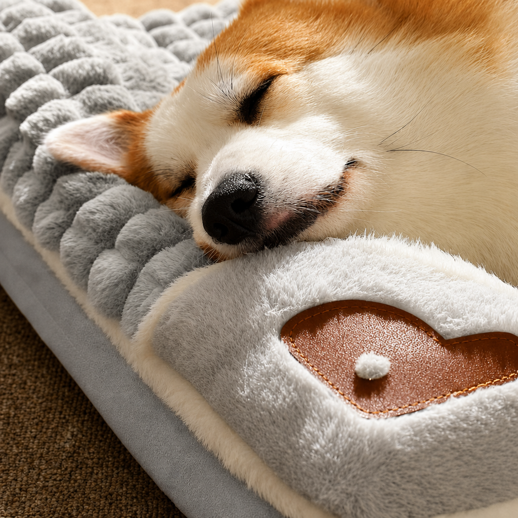 Gris perla · Primer plano del perro dormido junto a la almohadilla con corazón de cuero