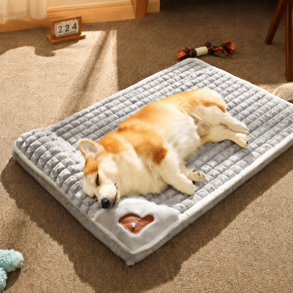 Gris perla · Perro corgi dormido y estirado sobre la cama ortopédica ComfyPaw