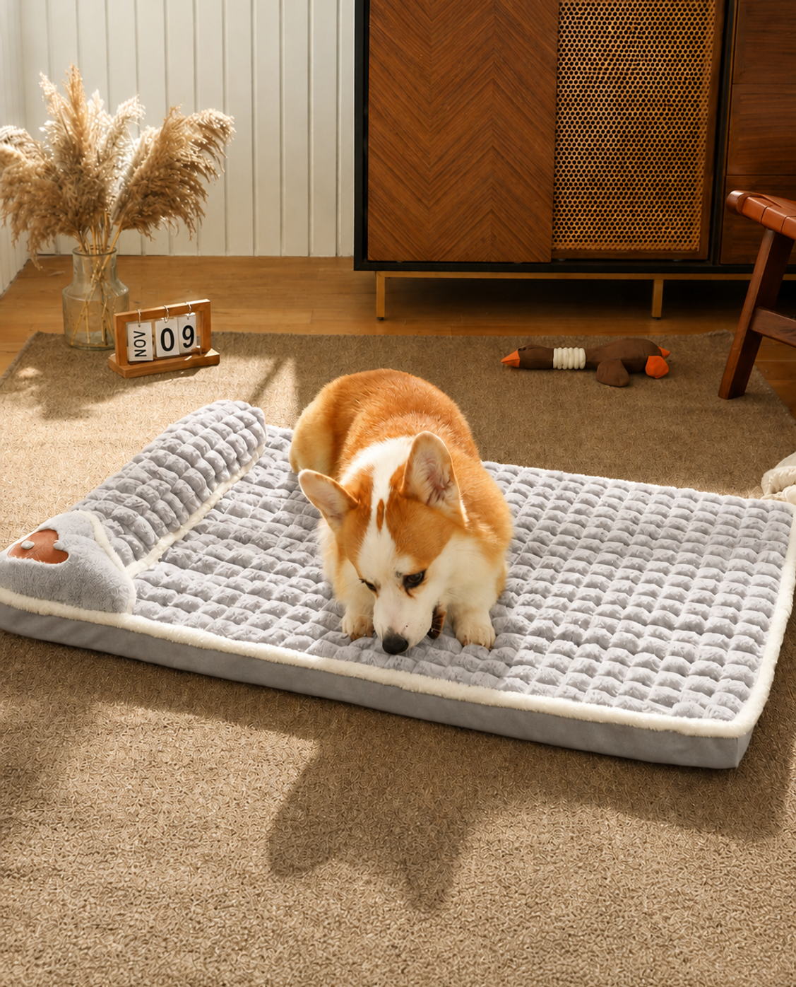 Gris perla · Perro corgi sobre la cama ortopédica ComfyPaw en un salón con mueble de madera