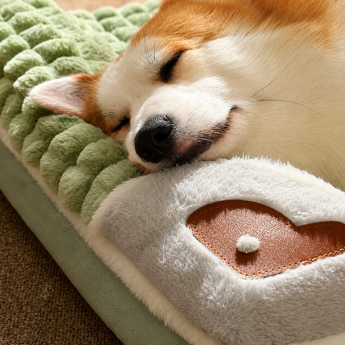 Verde salvia · Primer plano del perro dormido junto a la almohadilla con corazón de cuero