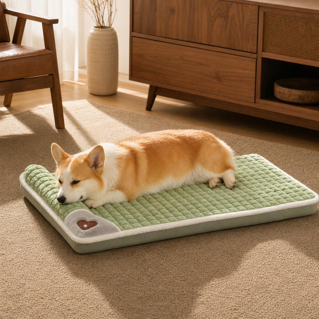 Verde salvia · La cama en un salón con un perro corgi apoyado en el cabecero