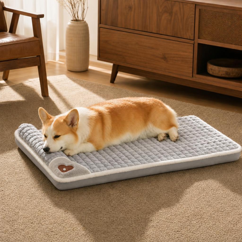 Gris perla · La cama en un salón con un perro corgi apoyado en el cabecero