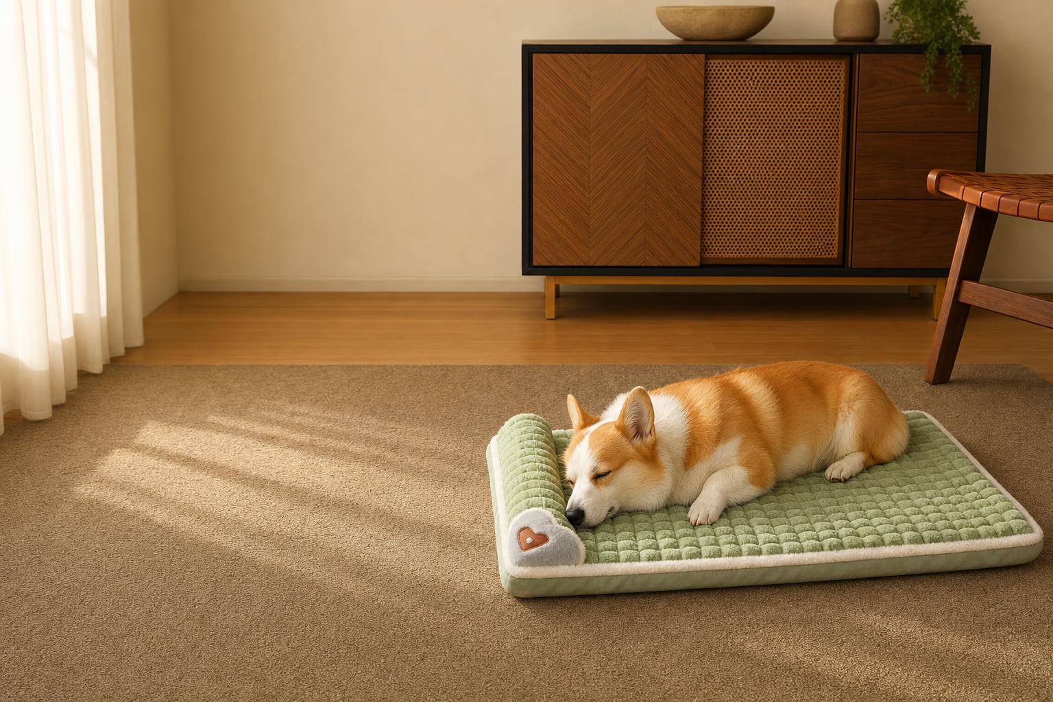 Cama ortopédica ComfyPaw con su respaldo acolchado y un perro descansando encima